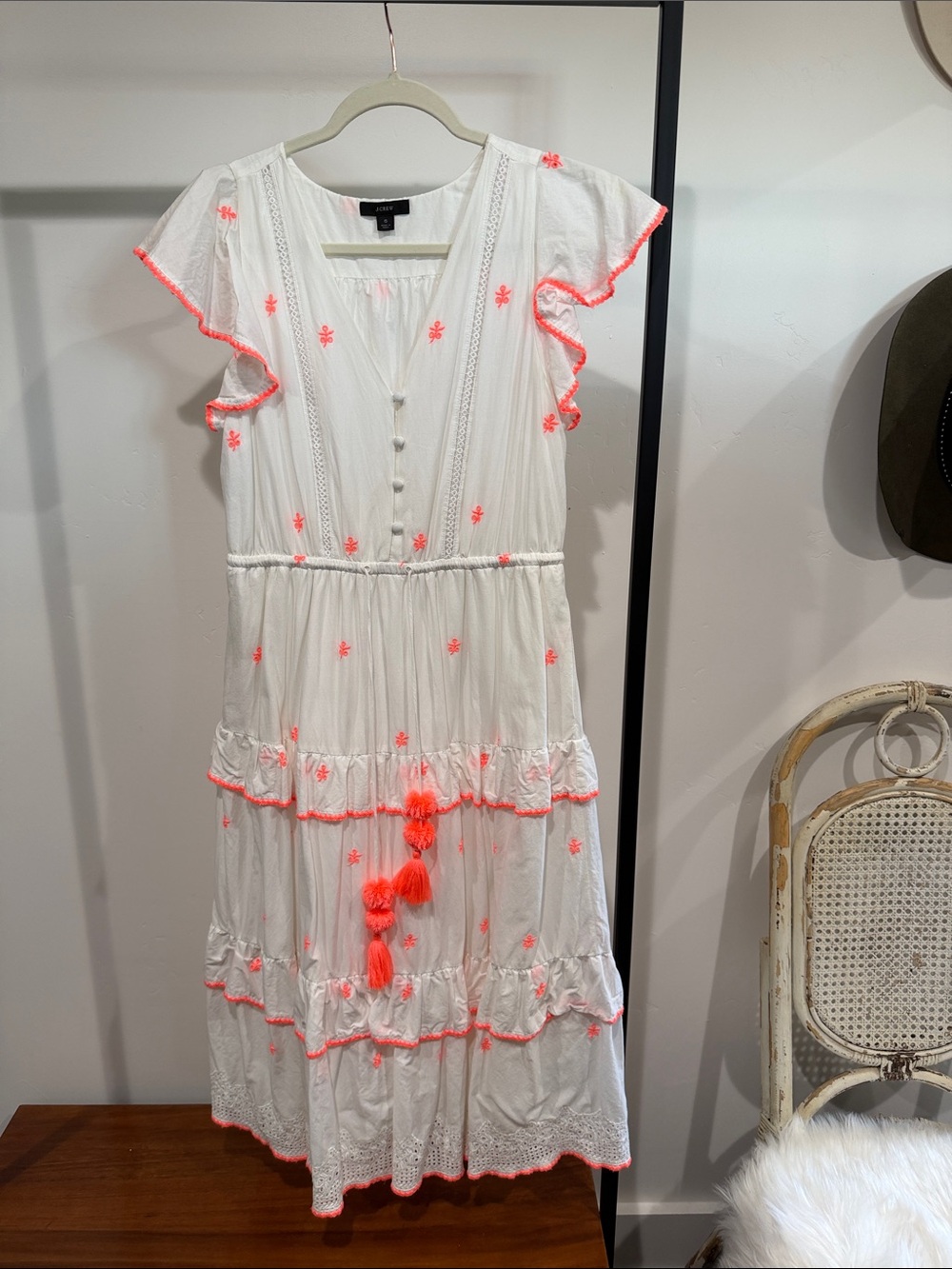 J. Crew White Midi Dress with Neon Pink Embroidery
